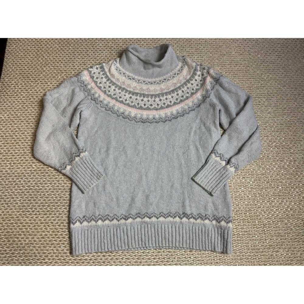 LL Bean Blue Cotton Fair Isle Turtleneck Sweater roll neck fisherman coastal L